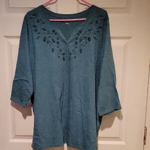 Catherines Teal Leaf Embroidered Top